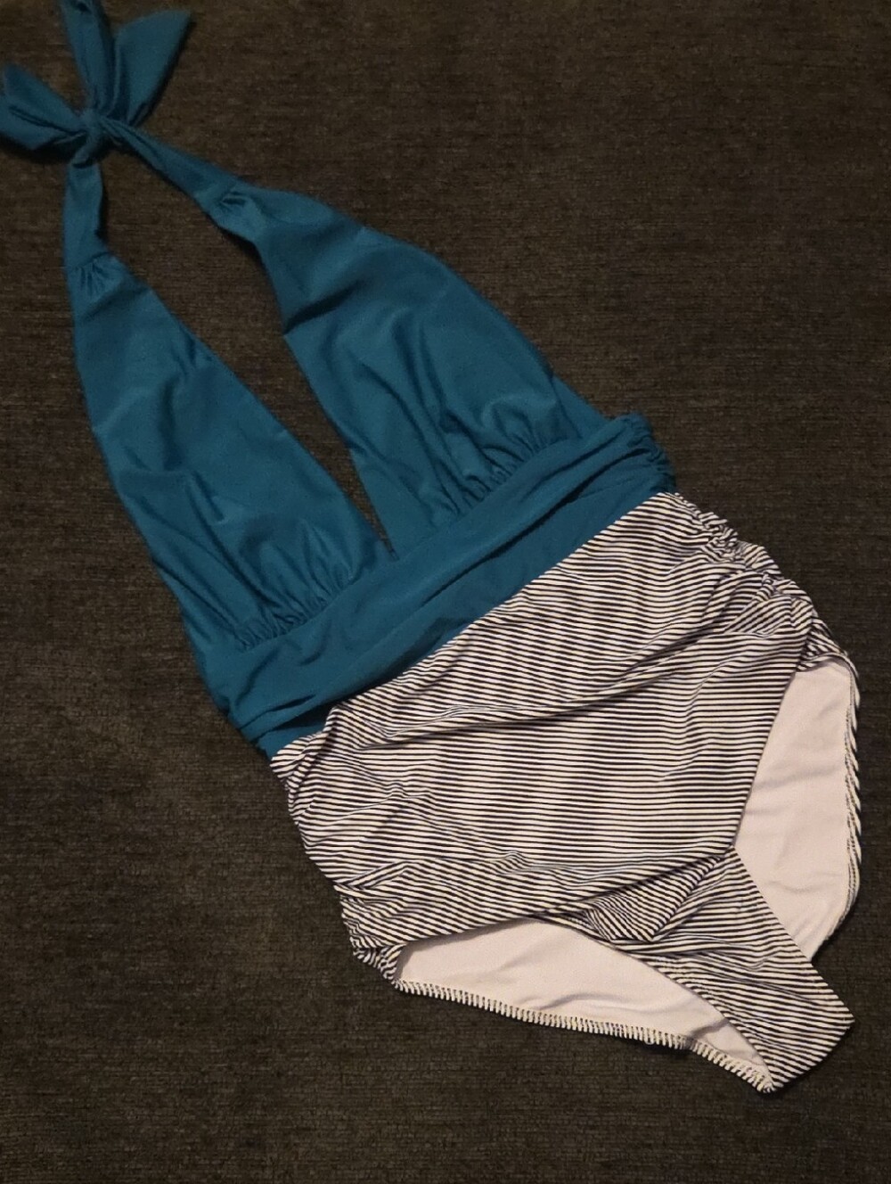 Teal Halter Swimsuit with Navy Stripe Full Coverage. No Size Tag